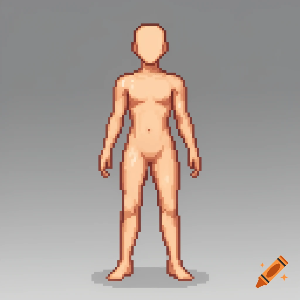 Pixel art base body sprite with neutral pose and no facial features or clothing, for character design.