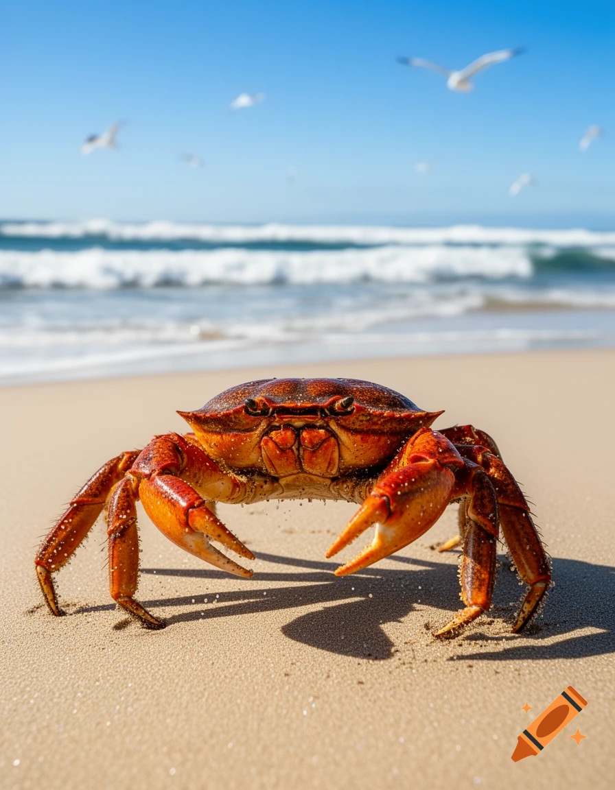 A detailed, photorealistic crab stands on a sandy beach, with ocean waves and blurry seagulls under a clear blue sky.