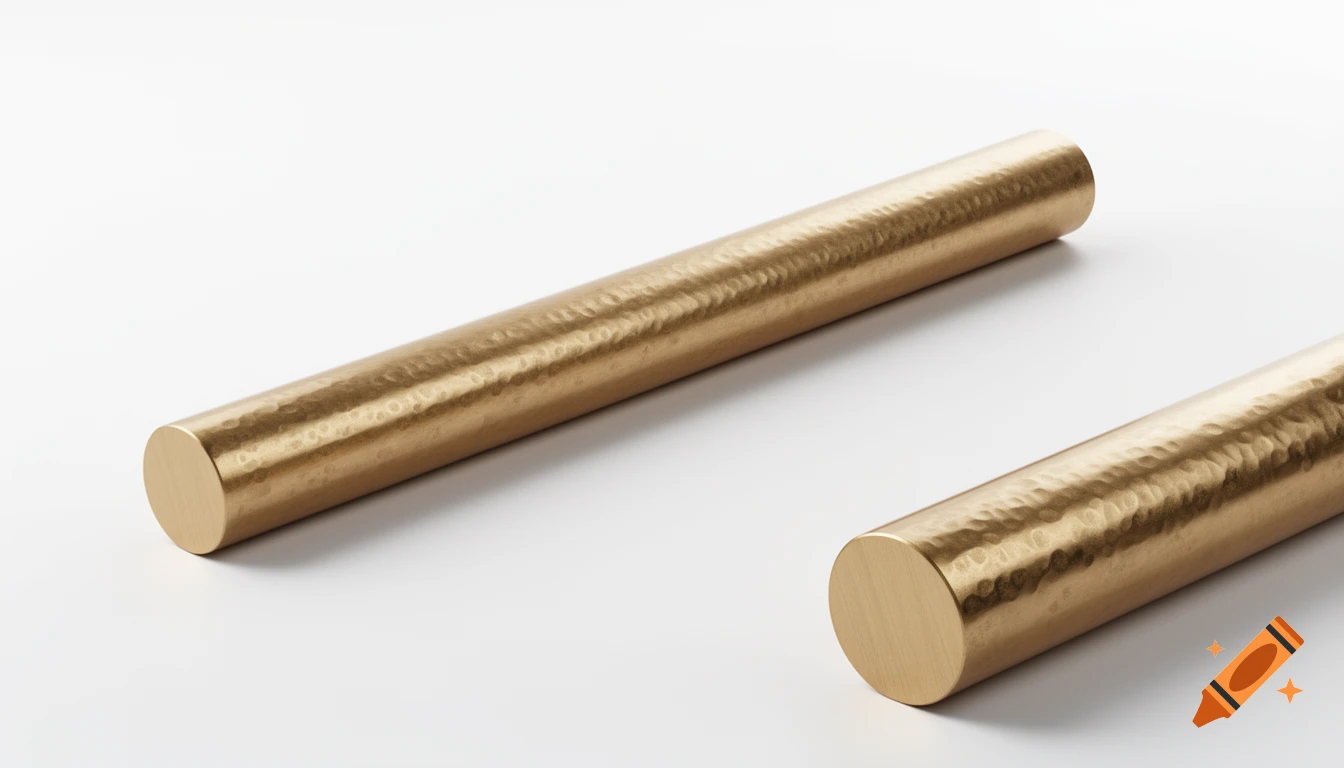 Photorealistic image of two golden-brown bronze rods with a subtle hammered texture, lying horizontally on a clean white background.