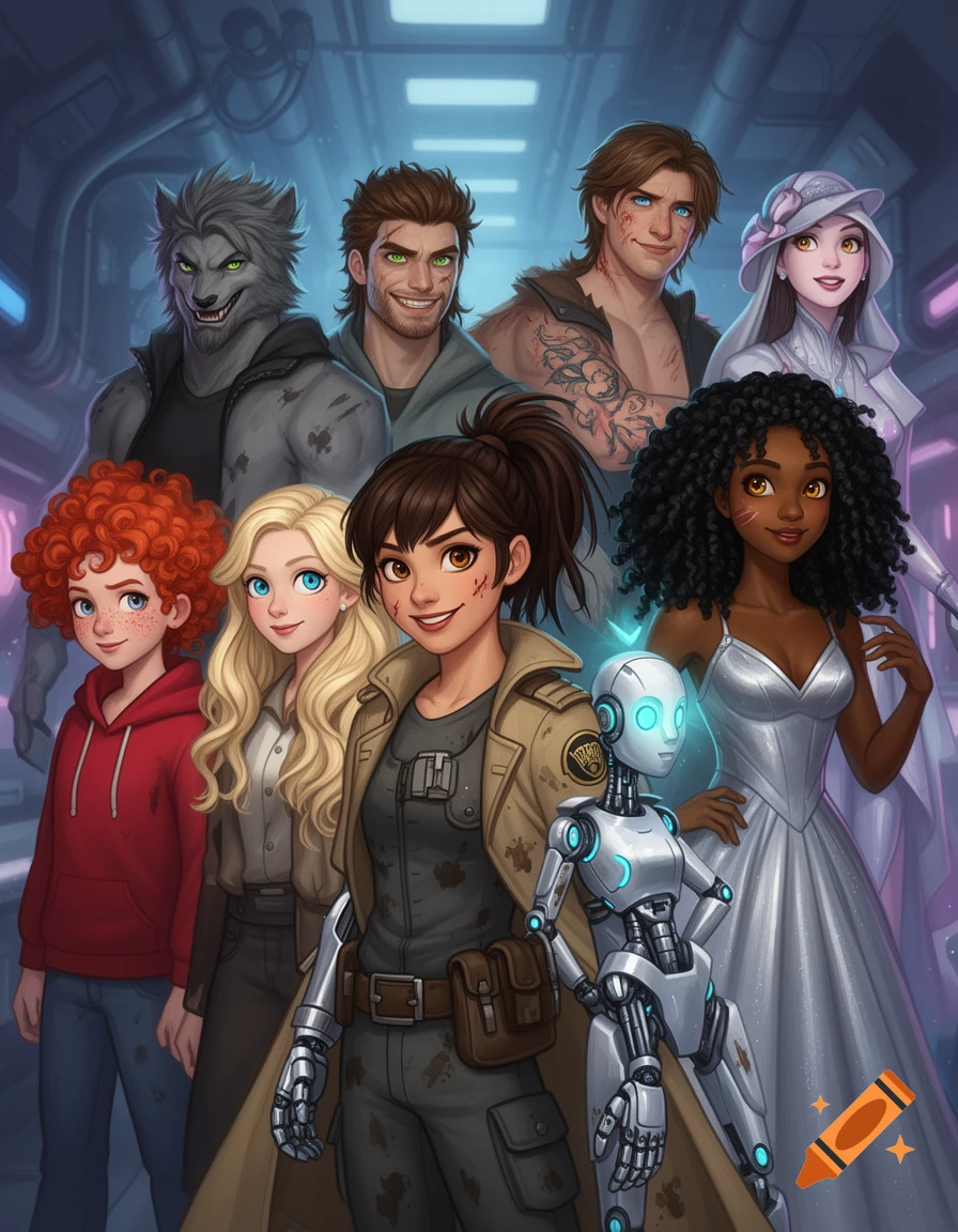 A diverse group of animated characters including humans, a werewolf, and a robot, stand together in a futuristic corridor in a digital painting style.