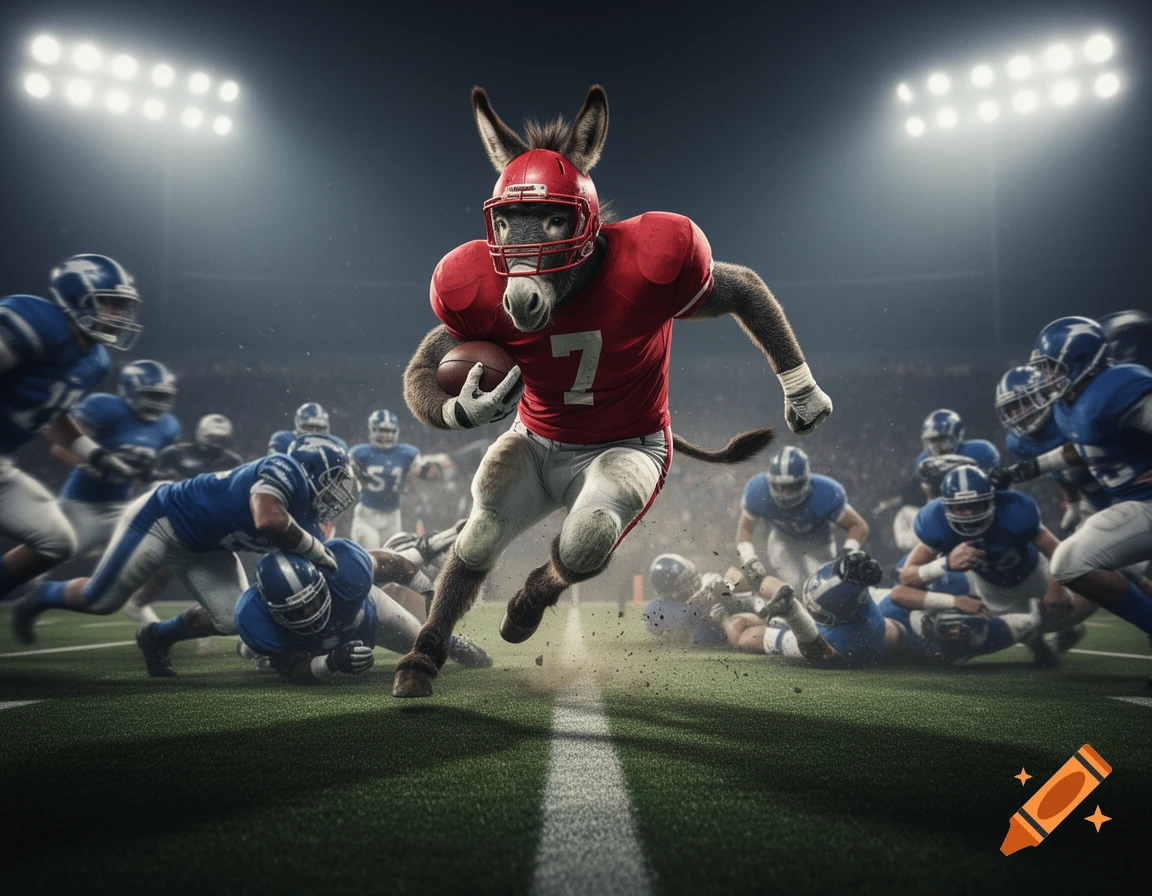 A photorealistic image of a powerful donkey in a red football uniform with number 7, running with the ball through a tackle on a stadium field at night, scattering blue-uniformed opposing players.