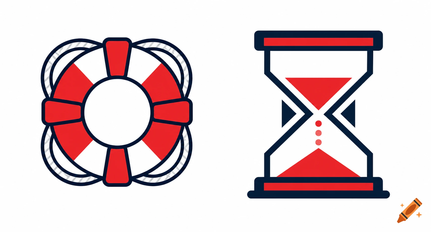 Two flat design icons, a red and white life preserver and a red and blue hourglass, on a white background.