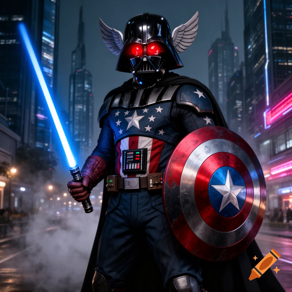 Darth Vader/Captain America fusion character in a city street, holding a blue lightsaber and a shield.