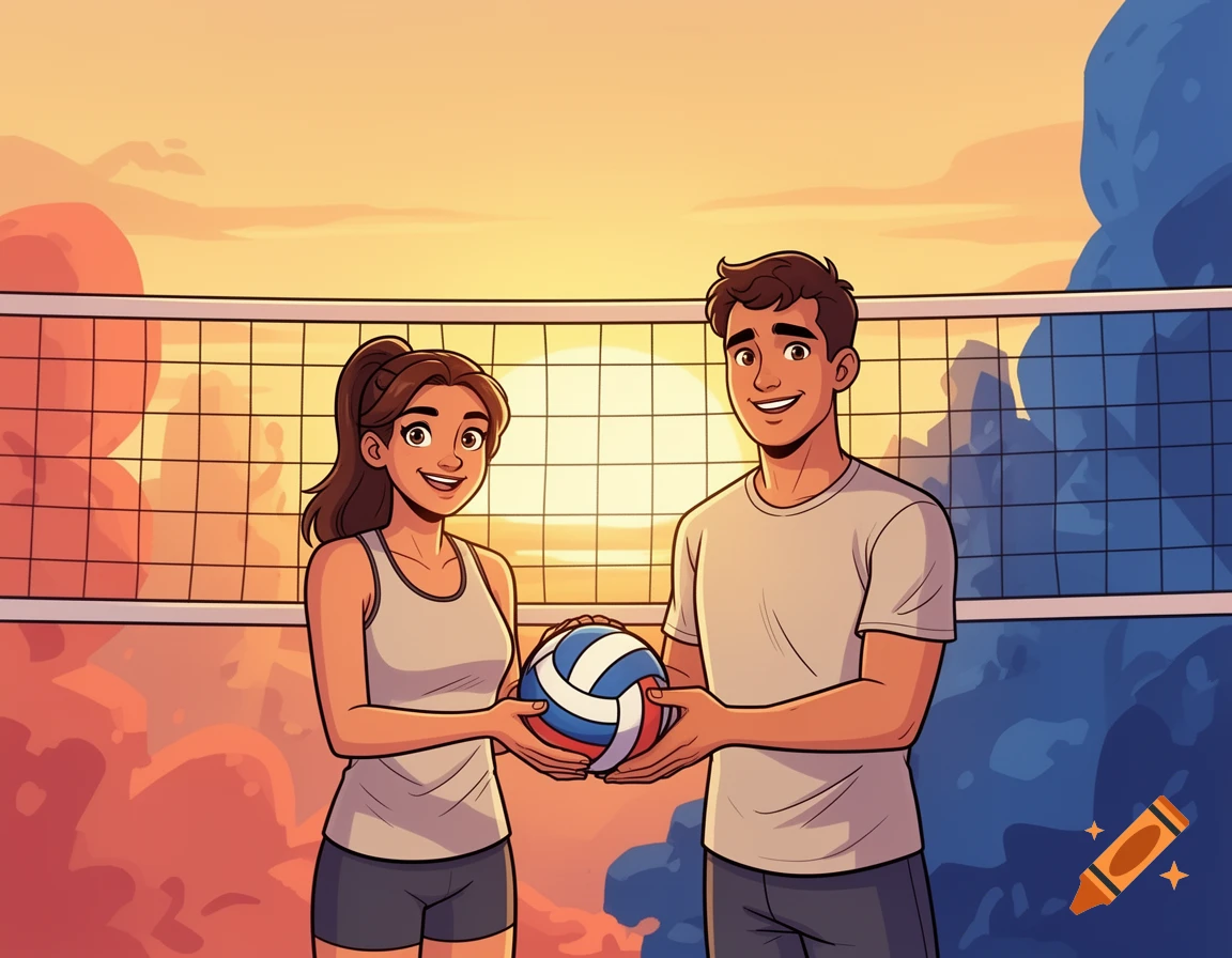 A man and a woman in cartoon style holding a volleyball together by a net at sunset.