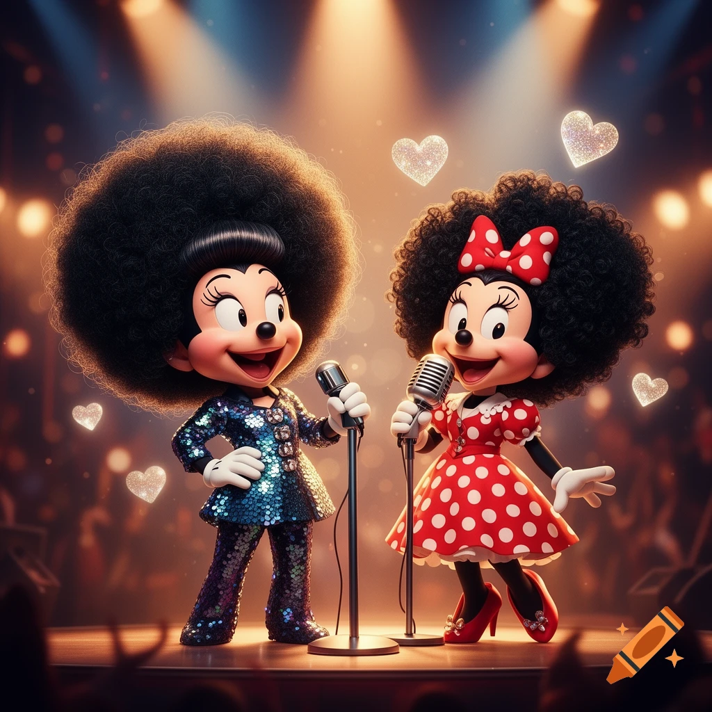 Two cartoon Minnie Mouse-like characters with afro hair sing on a brightly lit stage with microphones and glittery hearts. One wears a sequined suit, the other a polka-dot dress.