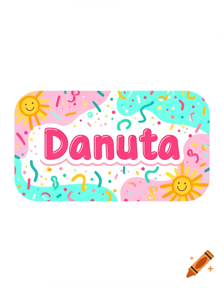 Colorful nametag with rounded corners, featuring the name 'Danuta' in pink bubbly font, surrounded by confetti and smiling suns.