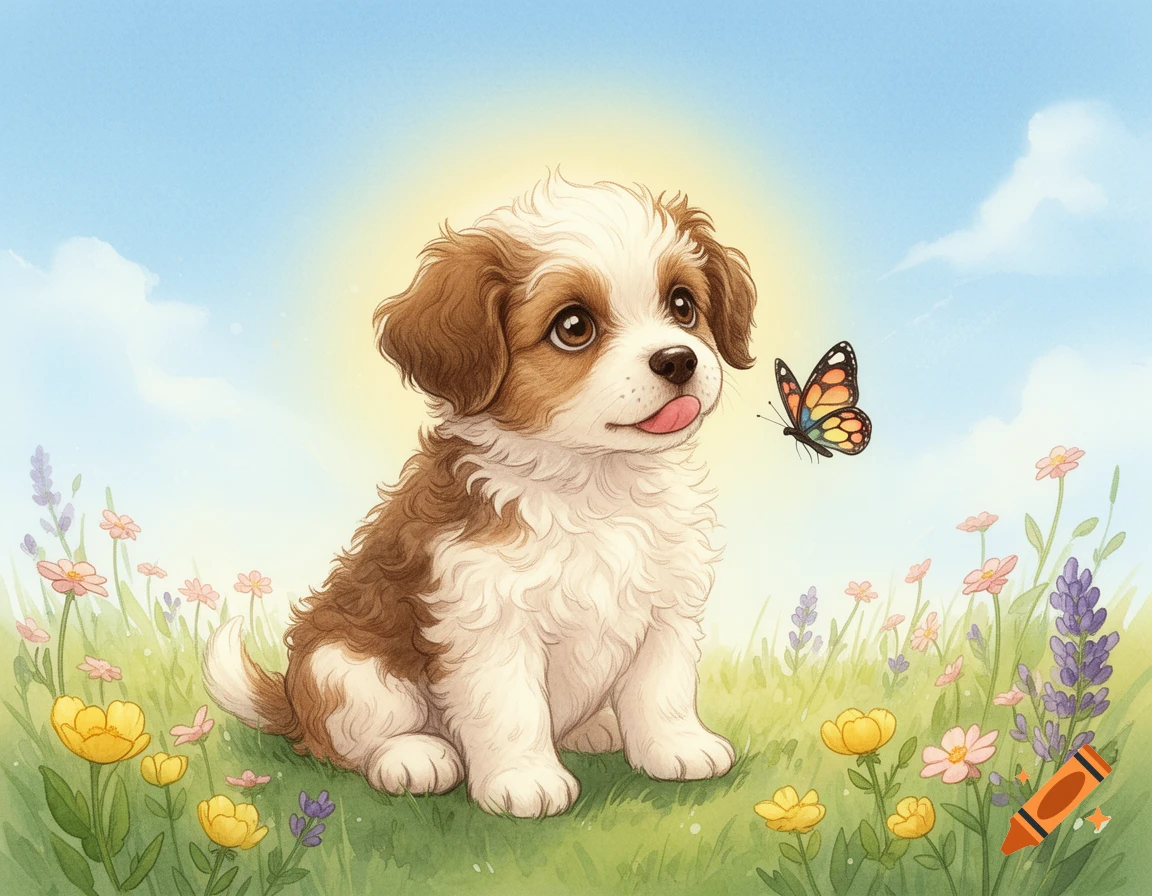 A fluffy brown and white puppy sits in a field of colorful wildflowers, looking at a butterfly in a bright, sunny illustration.