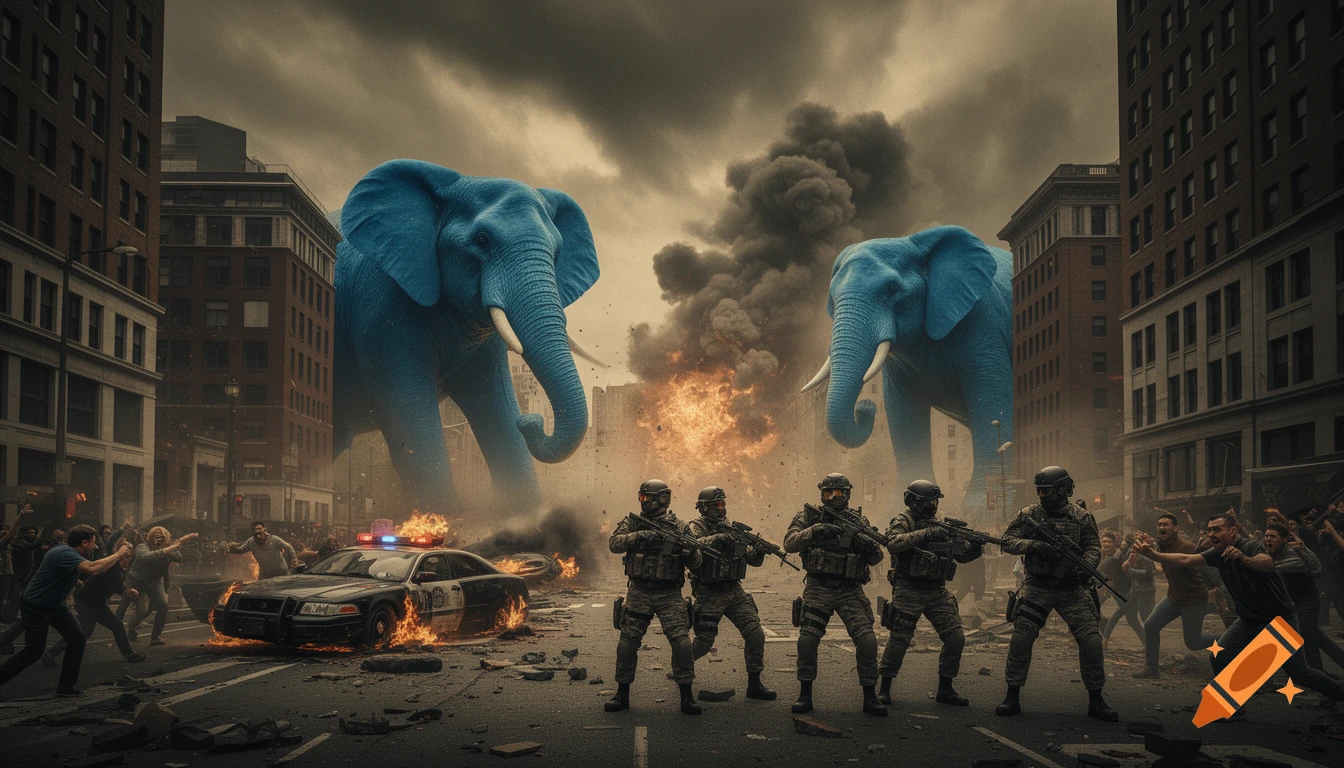 Giant blue elephants rampage through a burning city as soldiers confront them and citizens flee in a dramatic, photorealistic scene.