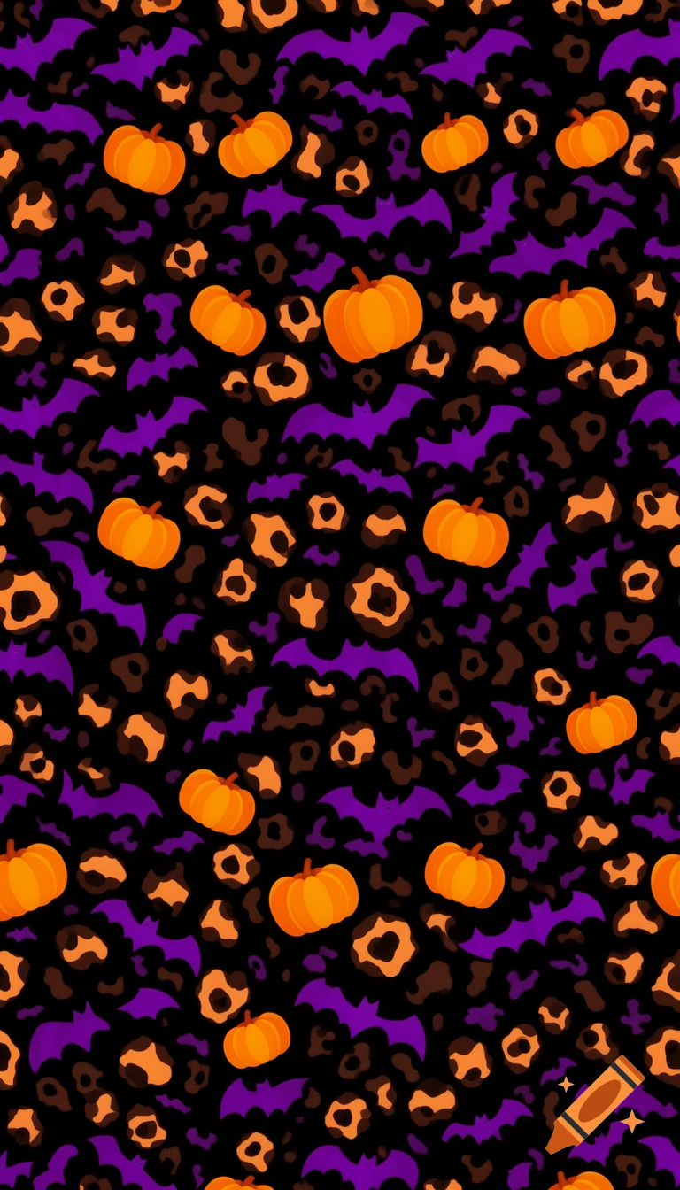 Seamless Halloween pattern featuring orange pumpkins and purple bats scattered on a black background, resembling a cheetah print.