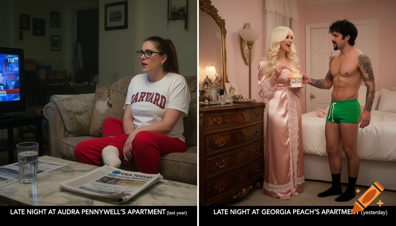 A split image shows a woman on a couch watching TV and a man in boxers with a woman in a nightgown in a bedroom.