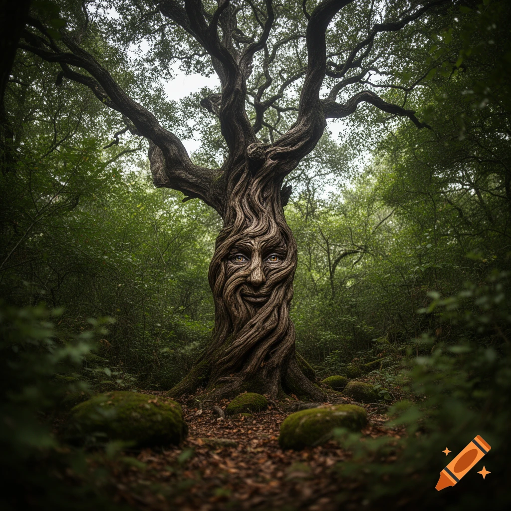 A majestic, gnarled tree with a detailed, smiling face sculpted into its trunk, standing in a dense, green forest.