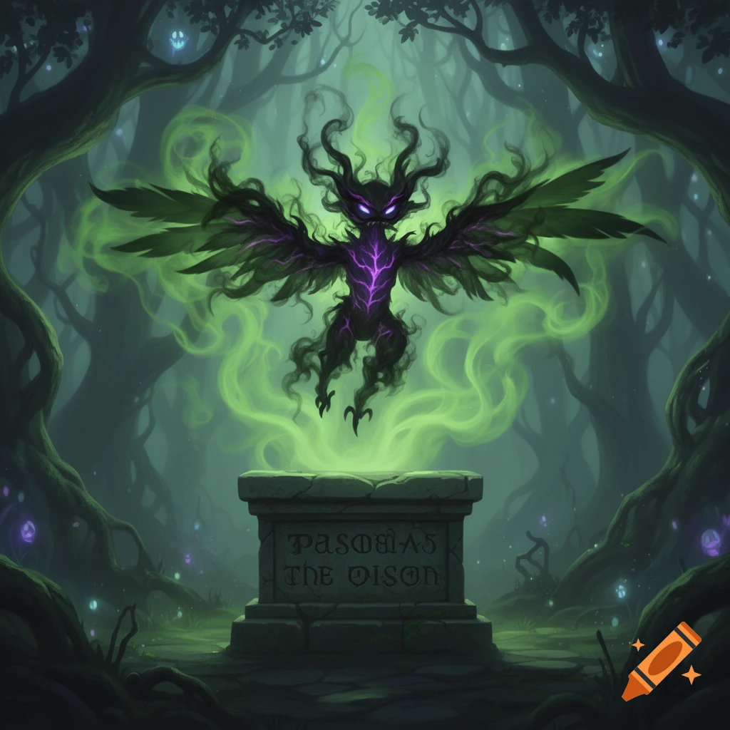A shadowy, winged monster with glowing purple details hovers over a stone pedestal emitting green mist in a dark, mystical forest.