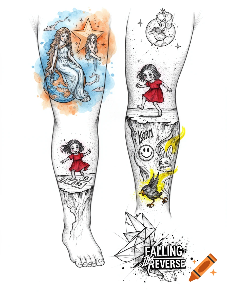Sketchy leg tattoo design on white background, featuring various elements like a deity on a planet, a girl playing hopscotch, a smiley face, rabbit, bird, and text including 'Korn' and 'Falling In Reverse'.