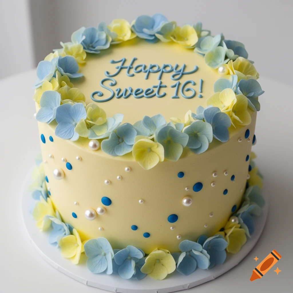 A light yellow round cake with "Happy Sweet 16!" in blue frosting, decorated with blue and yellow flowers, pearls, and blue dots.