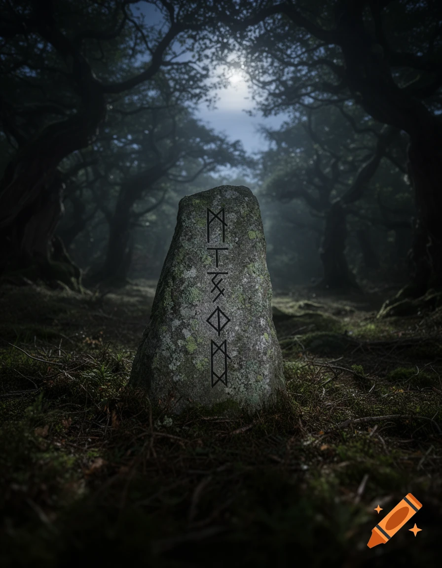 A mossy runestone with carved runes stands in a dark, misty forest under a bright moonlit sky.