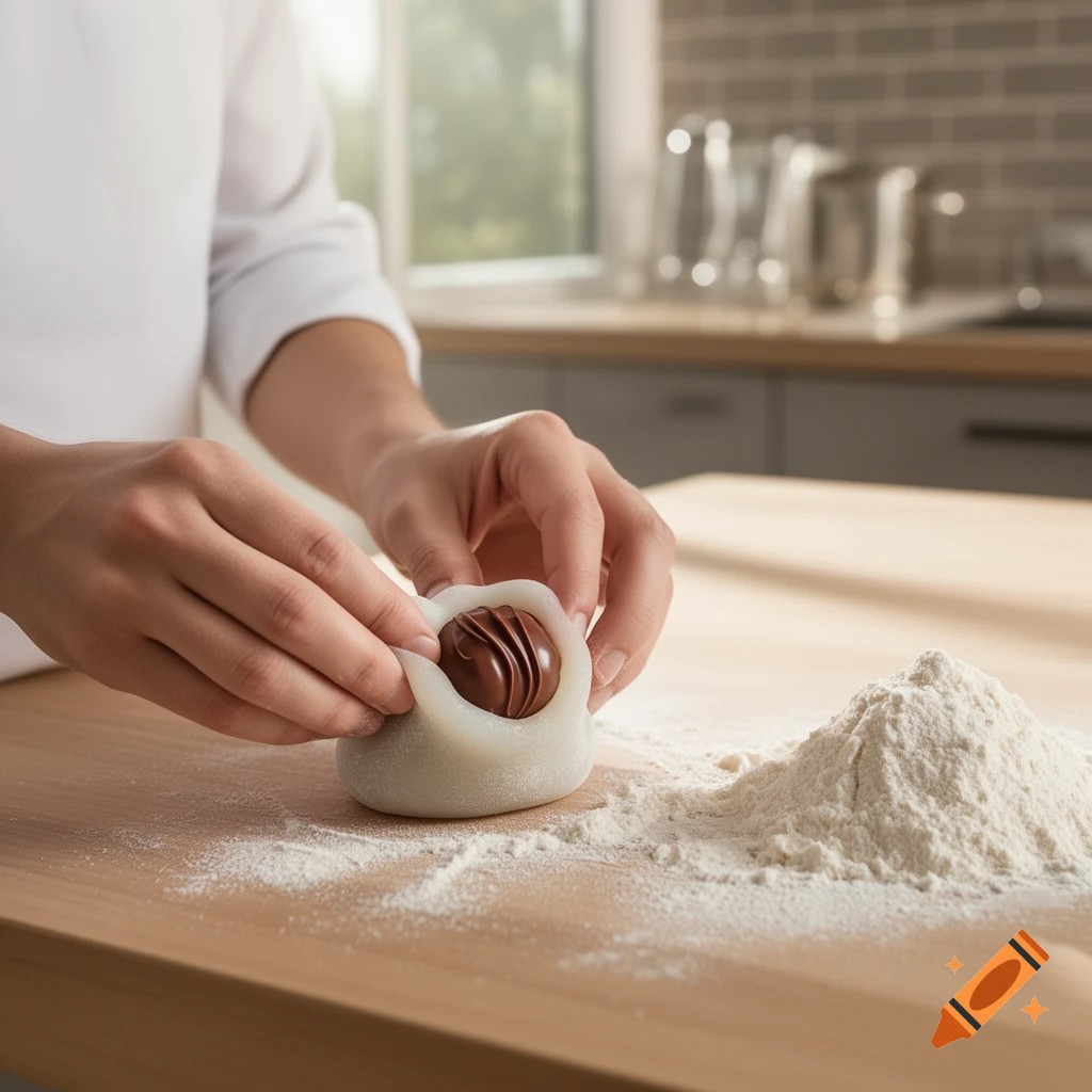 Hands gently shaping a piece of mochi around a milk chocolate filling on a flour-dusted kitchen counter, photorealistic.