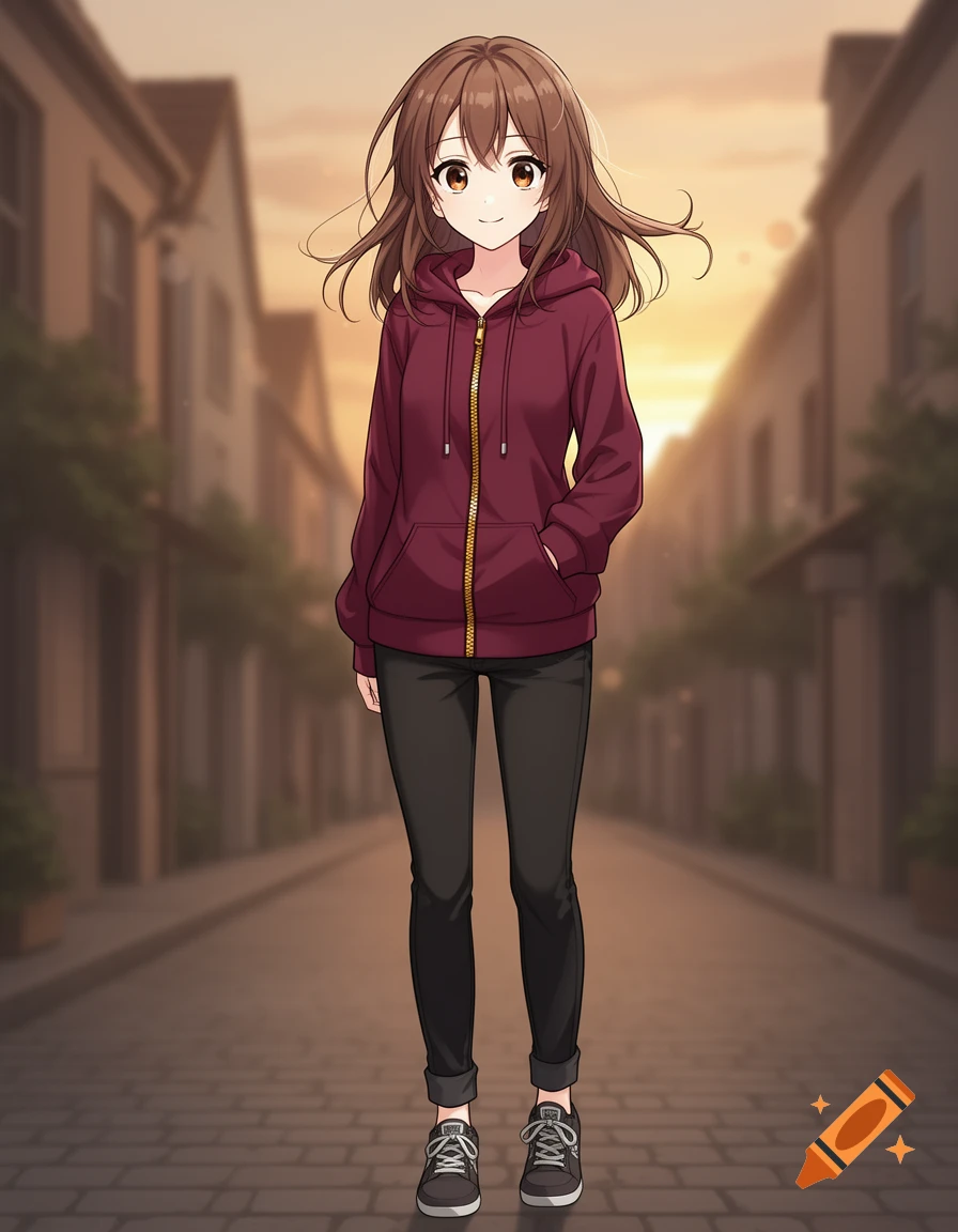 An anime girl with brown hair and eyes, in a red hoodie and black jeans, stands on a street at sunset.