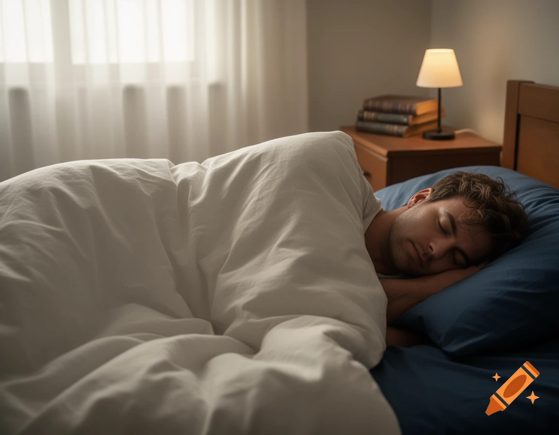 A man with closed eyes sleeps soundly under a white duvet in a dimly lit bedroom with a window and nightstand.