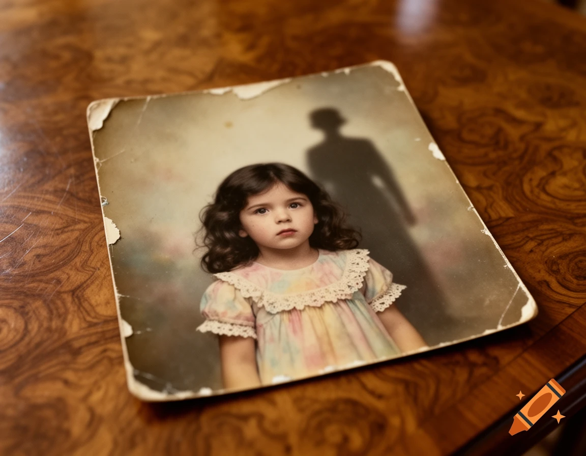 A vintage photograph of a young girl with a shadowy figure behind her, resting on a polished wooden table.