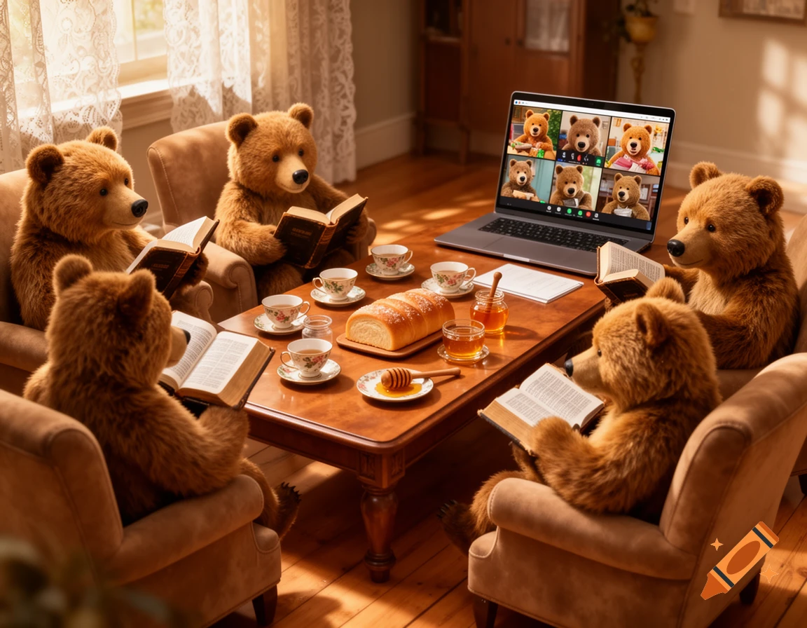 Photorealistic image of teddy bears in a cozy room, some reading books, others on a video call, with tea, bread, and honey on the table.