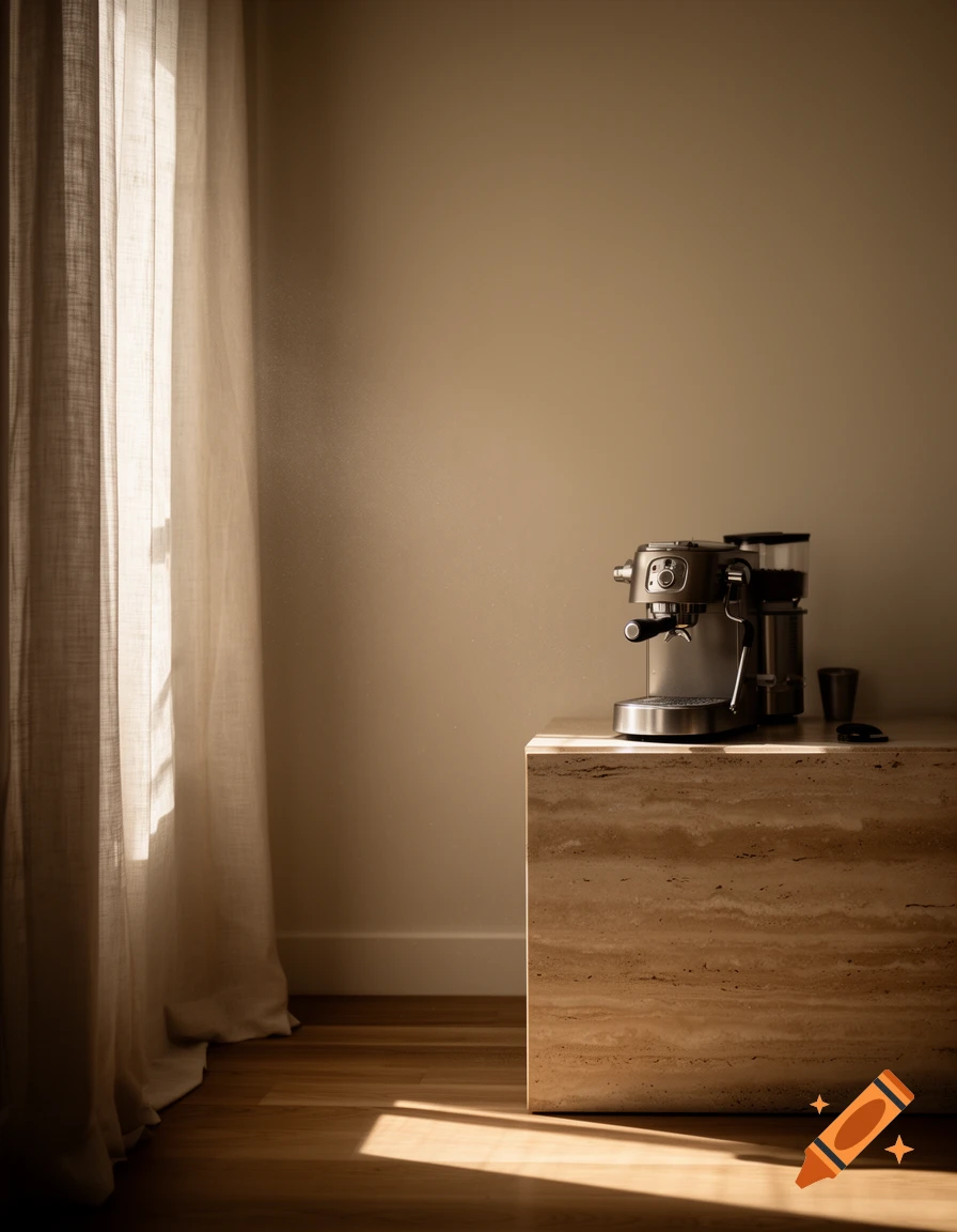 An espresso machine sits on a travertine coffee station in a minimalist room, illuminated by morning sunlight through a linen curtain. Photorealistic.
