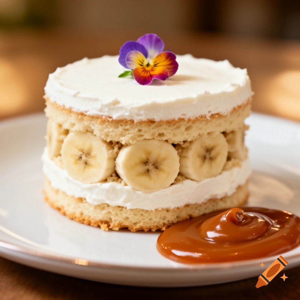 A layered banana cake with white cream, topped with an edible purple and yellow flower, with a dollop of caramel sauce on a white plate.