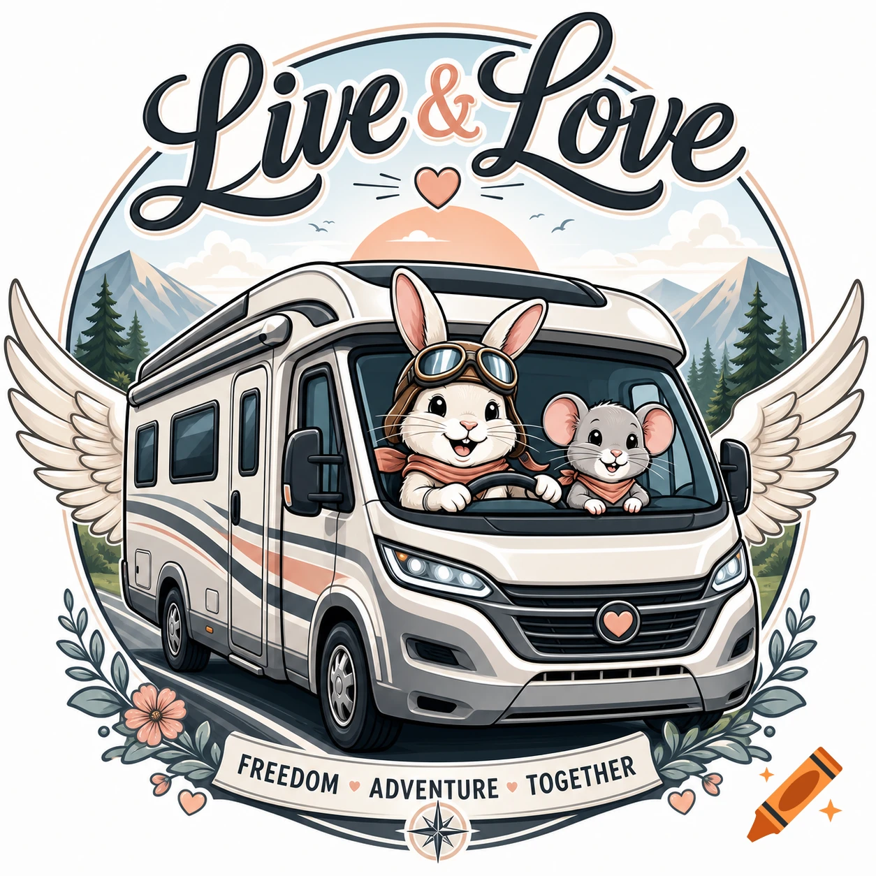 Illustrated logo of a rabbit and mouse driving a winged camper van with 'Live & Love' text, set against mountains and a sunset.