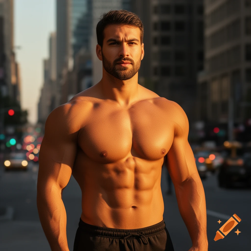 Muscular man with beard stands shirtless in a city street at sunset, looking at the camera.