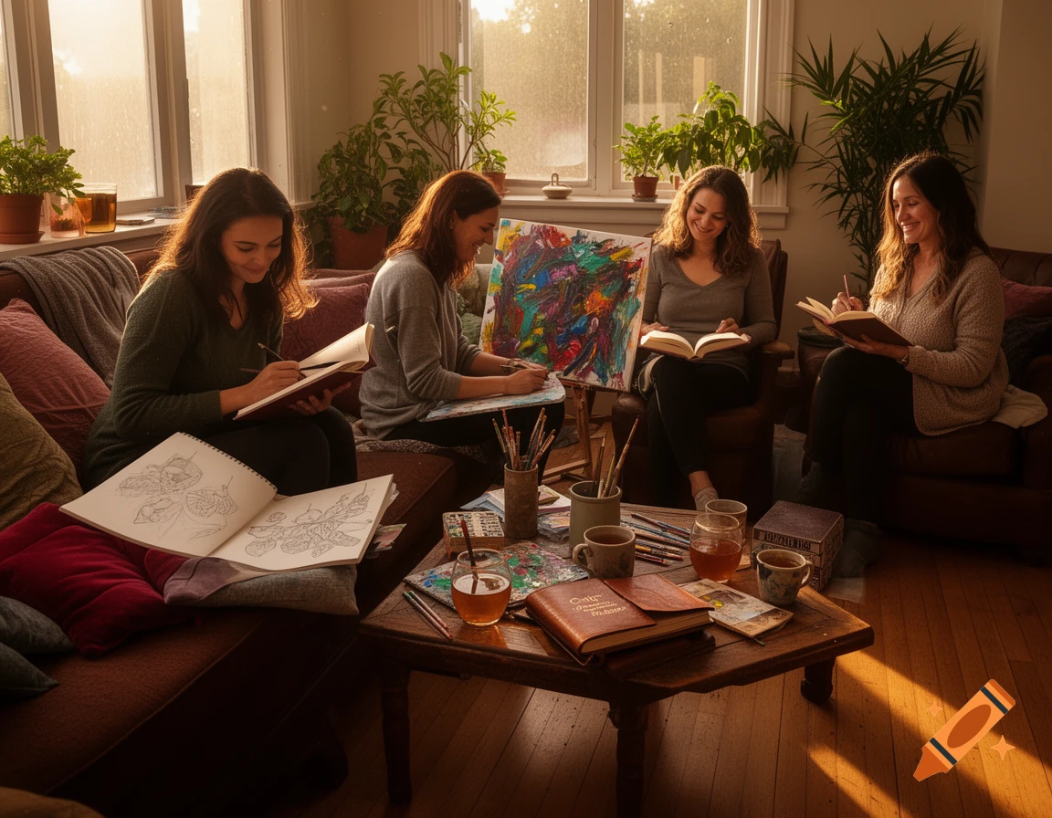 Four women in a warm, sunlit room, engaged in individual creative pursuits: drawing, painting, and reading, with art supplies and books on a coffee table.