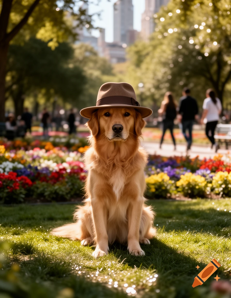 A photorealistic Golden Retriever wearing a brown fedora sits in a vibrant park with colorful flowers and bokeh lights.