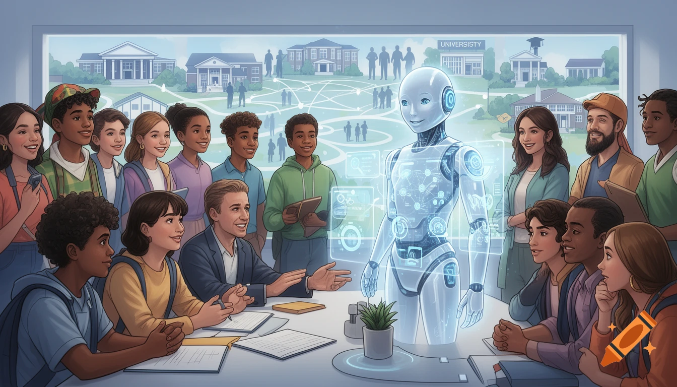 Diverse students and adults consult a holographic AI in an educational setting, with university buildings in the background. Illustration.