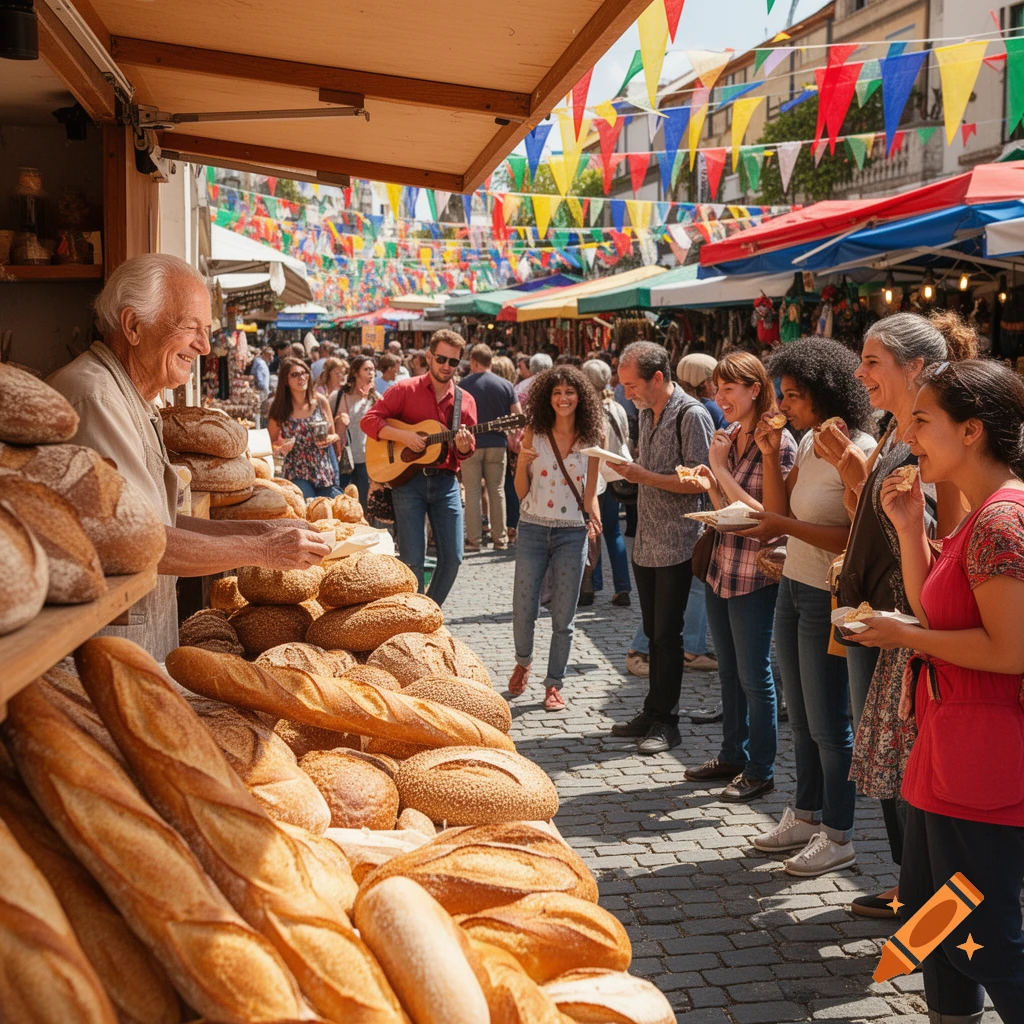 A vibrant outdoor market scene with an old baker selling various breads, while people browse and enjoy food, under colorful flags.