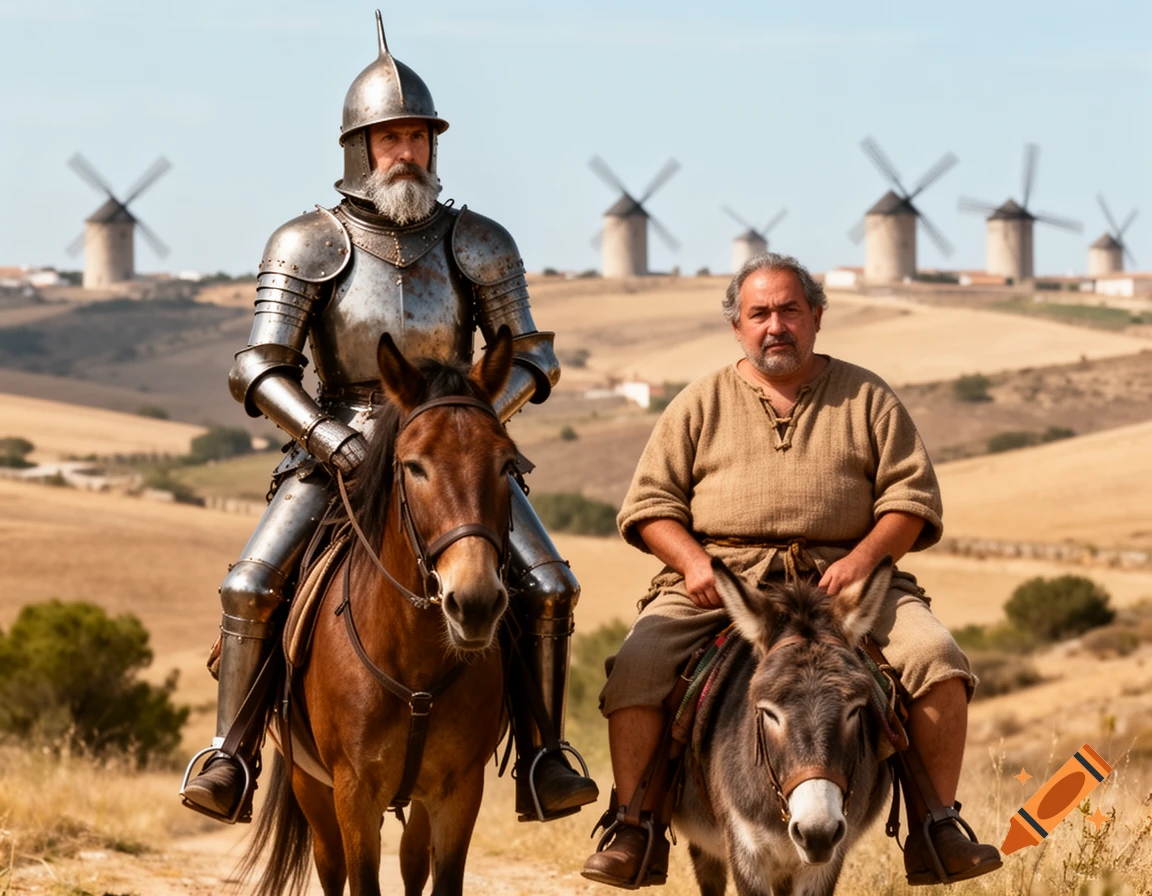 A knight in full armor on a horse and a man on a donkey ride through a dry, hilly landscape with windmills.