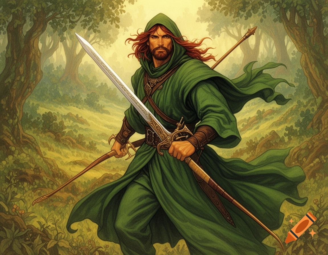 A red-haired, bearded male fantasy fighter in green robes holds a long sword and staff in a forest.
