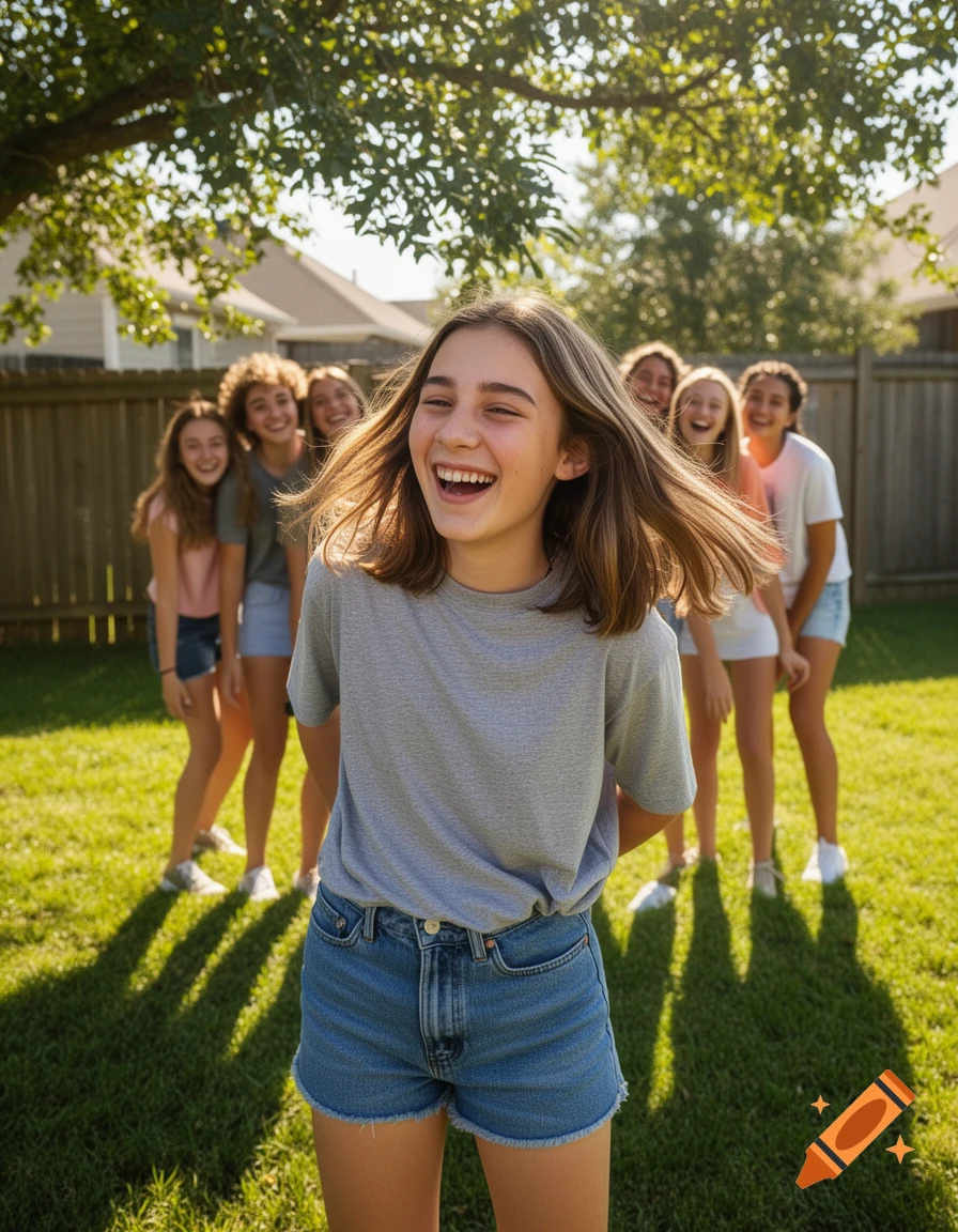 A group of happy young girls laugh in a sunny backyard, with one girl in the foreground smiling broadly.