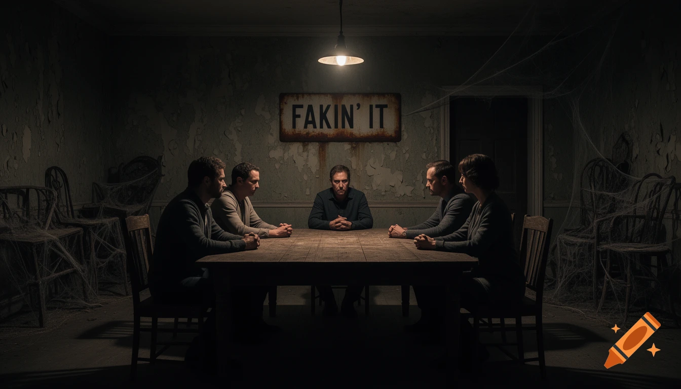 Six people sit around a table in a dark, dilapidated room with a "FAKIN' IT" sign above them, captured in a photorealistic style.