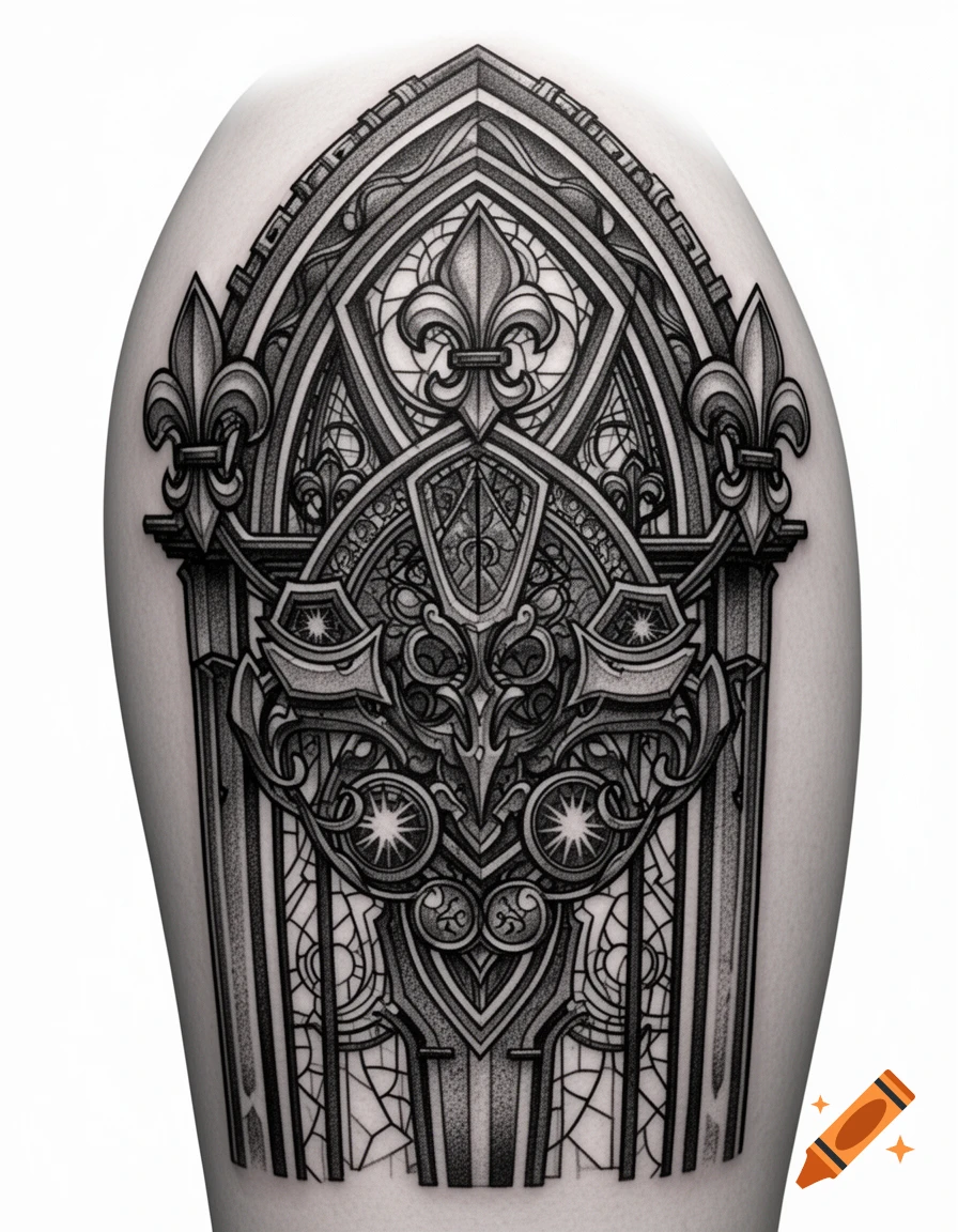 Detailed black and white gothic ornamental tattoo with fleur-de-lis and intricate arched patterns, shaded with stippling.