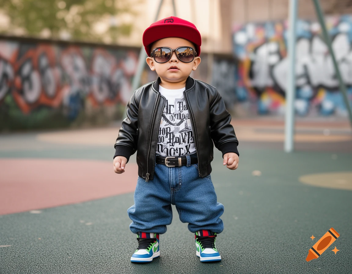 A baby in a black leather jacket, blue jeans, white shirt, red cap, and sunglasses stands in front of a graffiti wall.