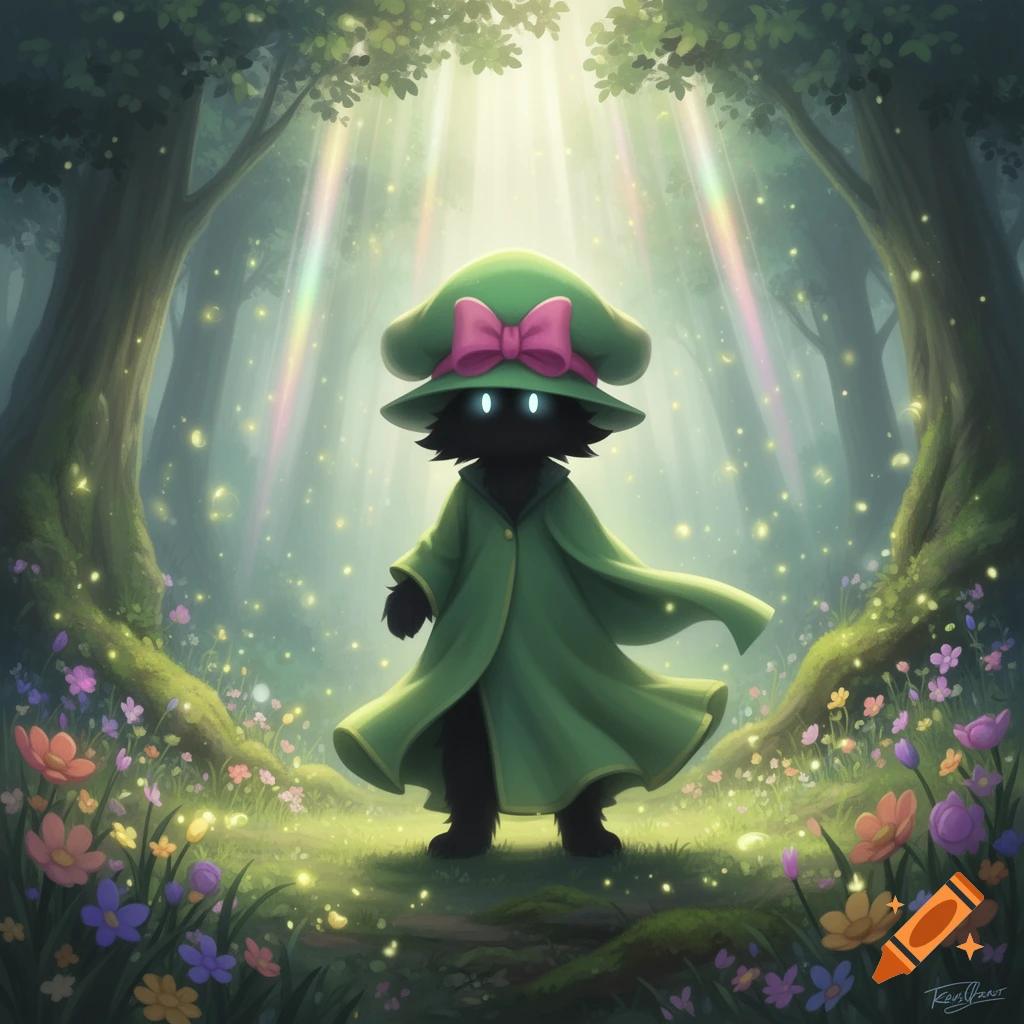 A dark, cat-like character in a green hat with a pink bow and a green coat stands in a magical forest with glowing particles and colorful flowers.