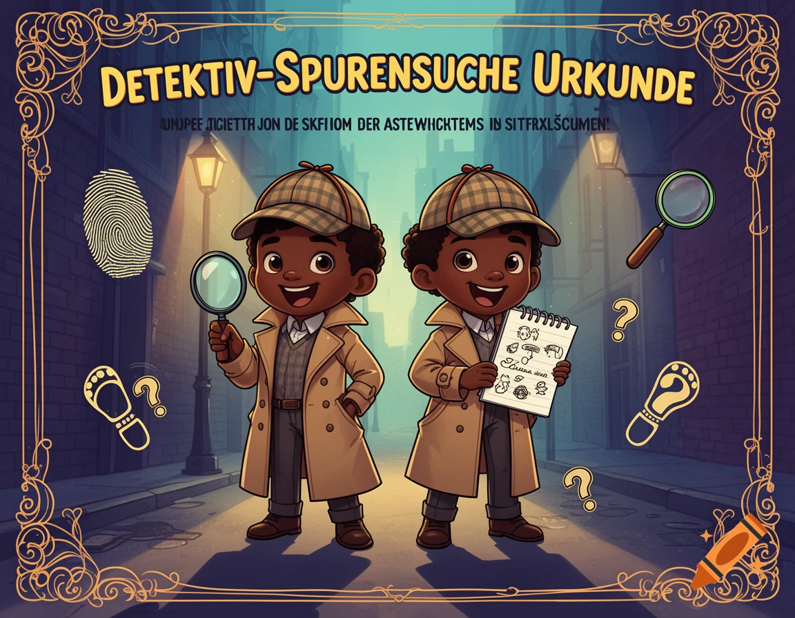 Two cartoon child detectives, in trench coats and plaid hats, stand on a street with detective motifs like fingerprints and footprints, framed by an ornate border.