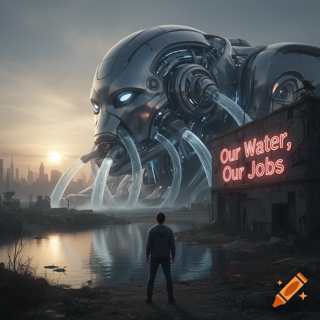 A giant robotic head pours water into a polluted lake, watched by a man. A neon sign says 'Our Water, Our Jobs' with a city skyline at sunset.