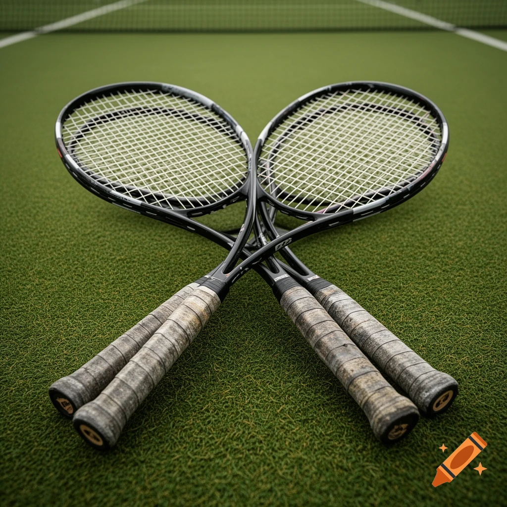 Four worn tennis racquets crossed on a green tennis court with a net in the background.