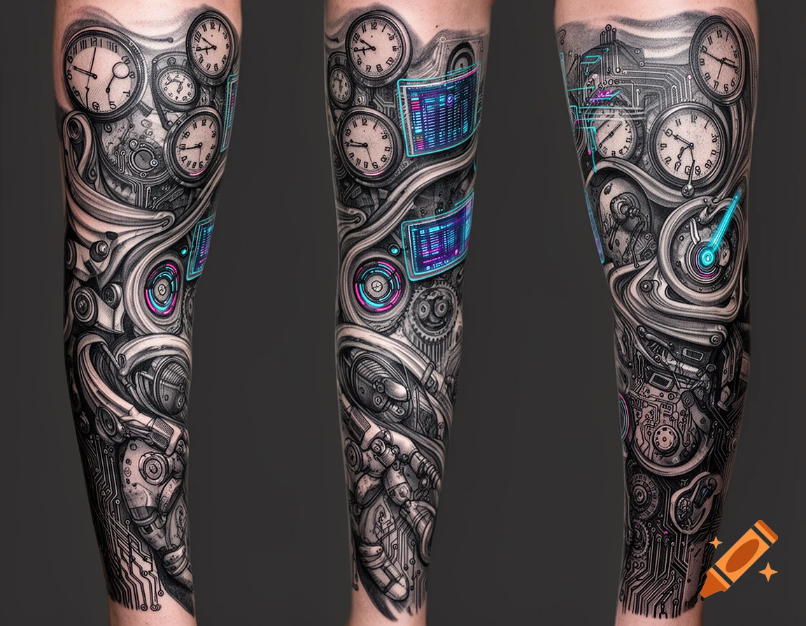 A full sleeve tattoo in a surreal, technological style featuring clocks, gears, circuit board patterns, and glowing blue screens on an arm.