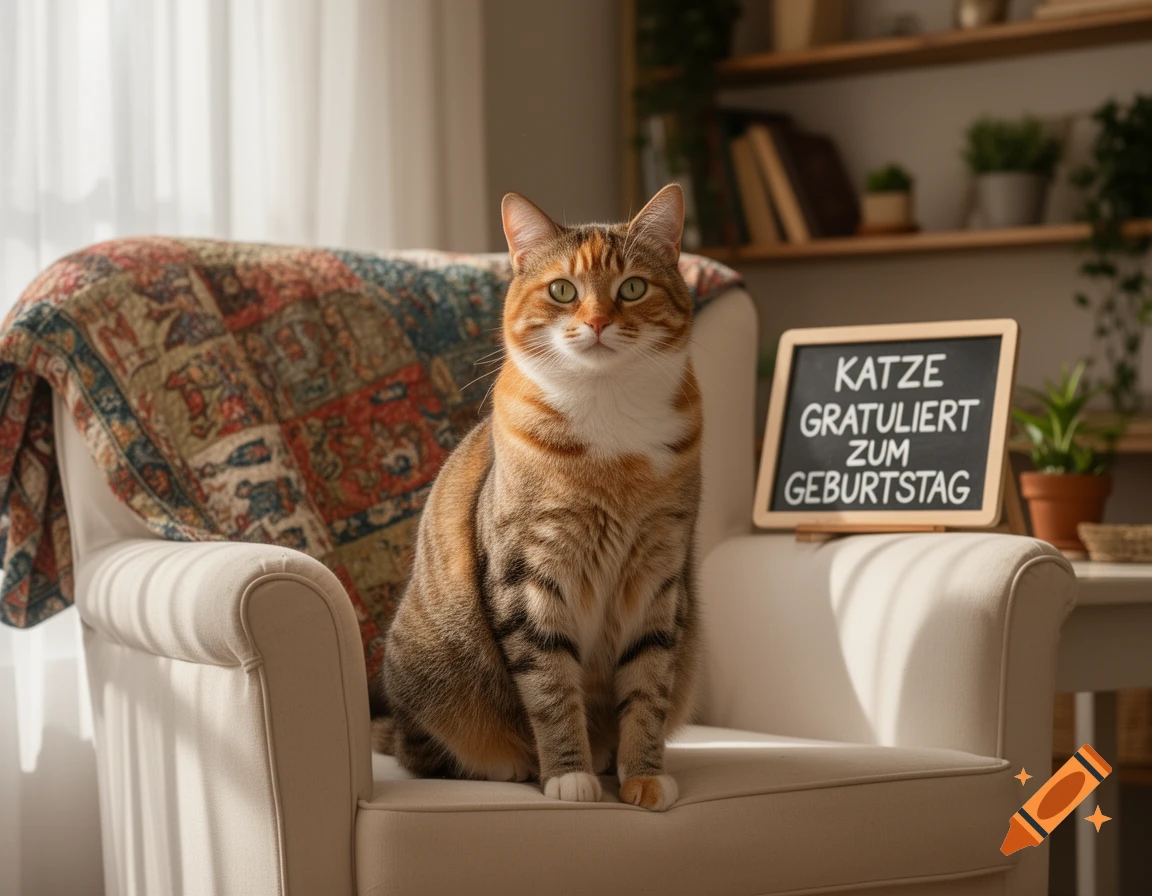A photorealistic image of a tabby cat sitting on a white armchair with a patterned blanket, next to a blackboard that reads "KATZE GRATULIERT ZUM GEBURTSTAG"