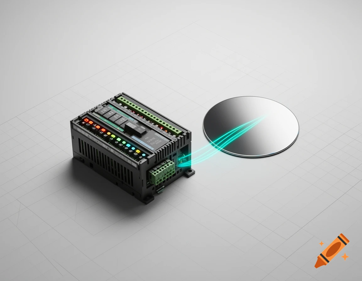 A close-up of a dark industrial PLC module with colorful indicator lights and green terminals, connected to a reflective semiconductor wafer by three glowing turquoise data lines, all on a light gray isometric grid background.