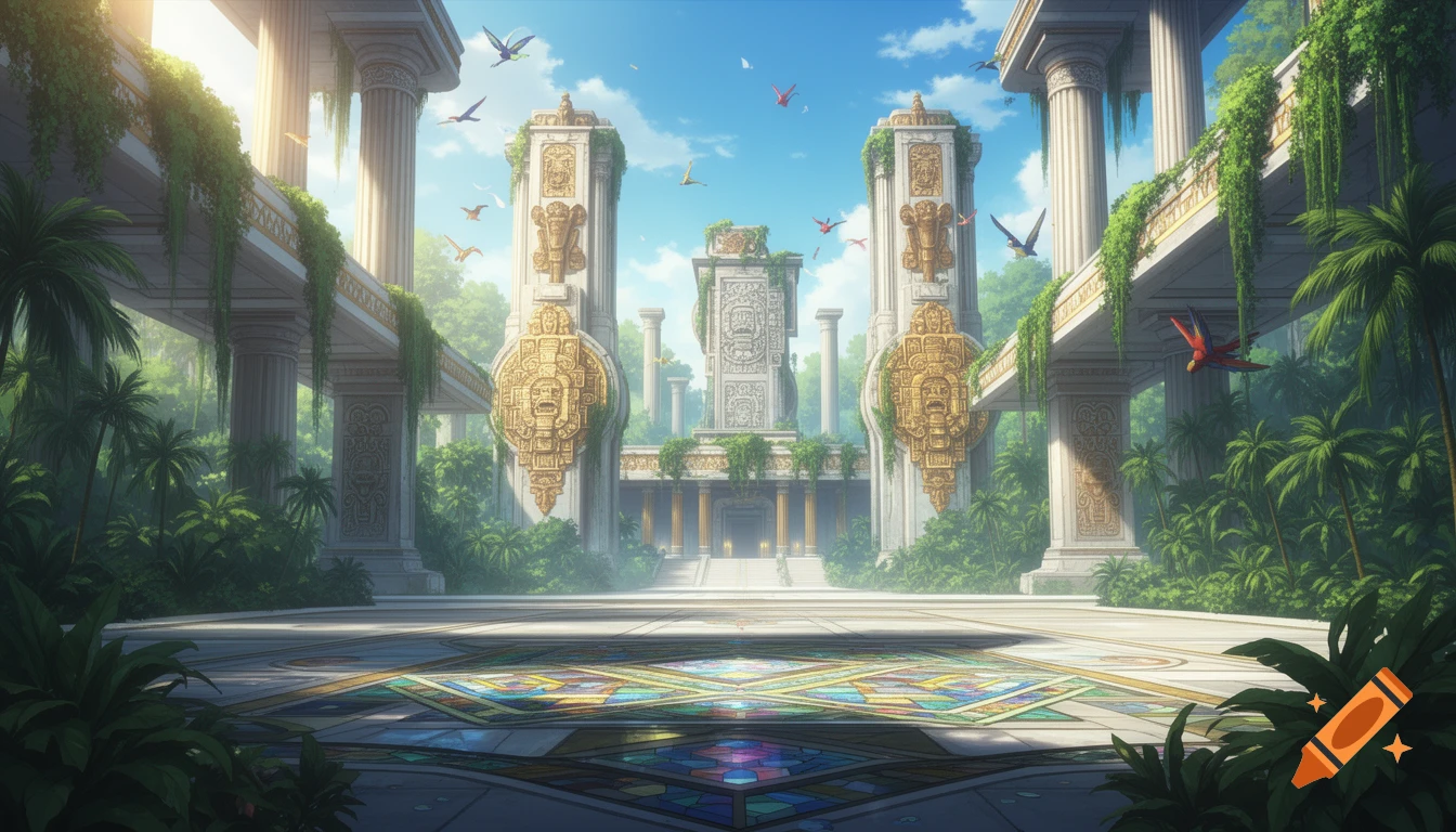 A vibrant, detailed ceremonial plaza in a futuristic jungle city, featuring ancient Greek and Aztec-inspired architecture and birds flying.