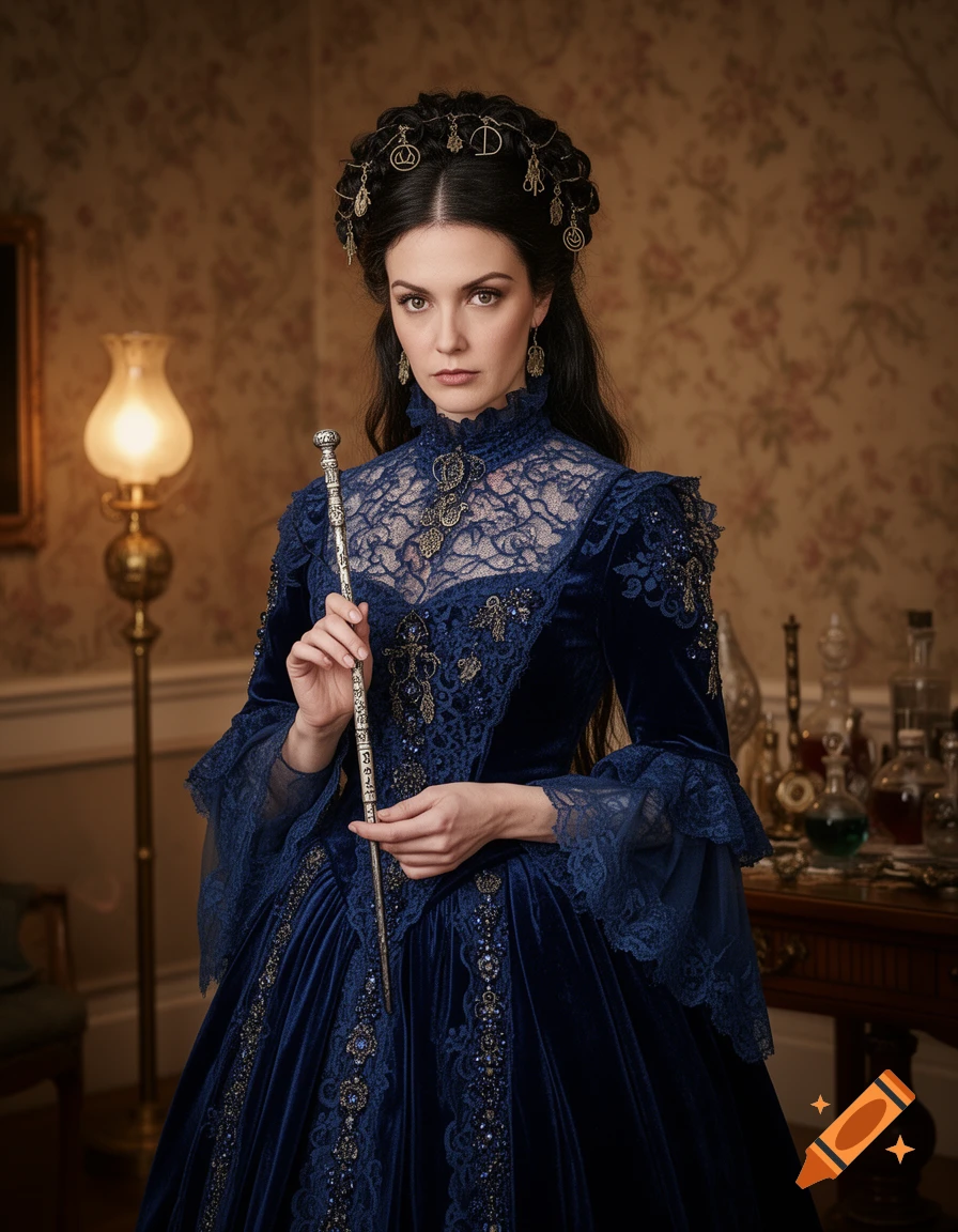 A stern woman in an elaborate dark blue velvet and lace Victorian gown holds a decorated staff, adorned with symbolic headpiece.