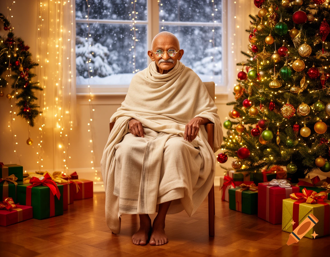 Photorealistic image of Mahatma Gandhi sitting in a chair in a room with a decorated Christmas tree, lights, and wrapped presents.