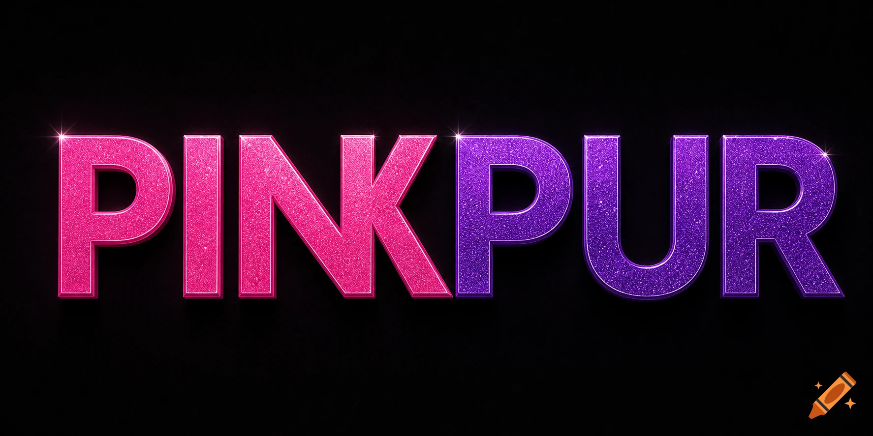 Glittery 3D text 'PINKPUR' on a black background, with 'PINK' in hot pink and 'PUR' in purple.