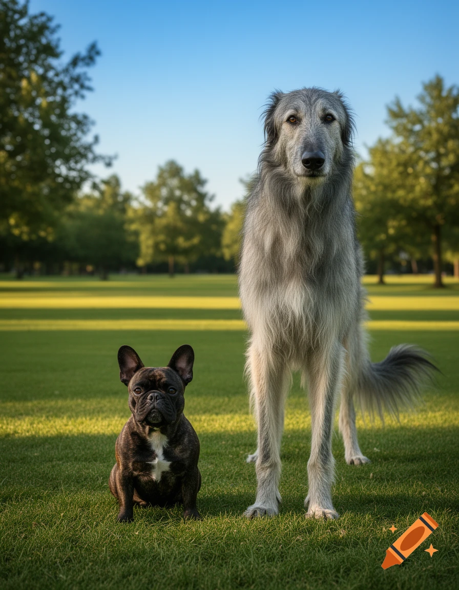A small brindle French Bulldog sits next to a large grey Irish Wolfhound in a sunny grassy park.